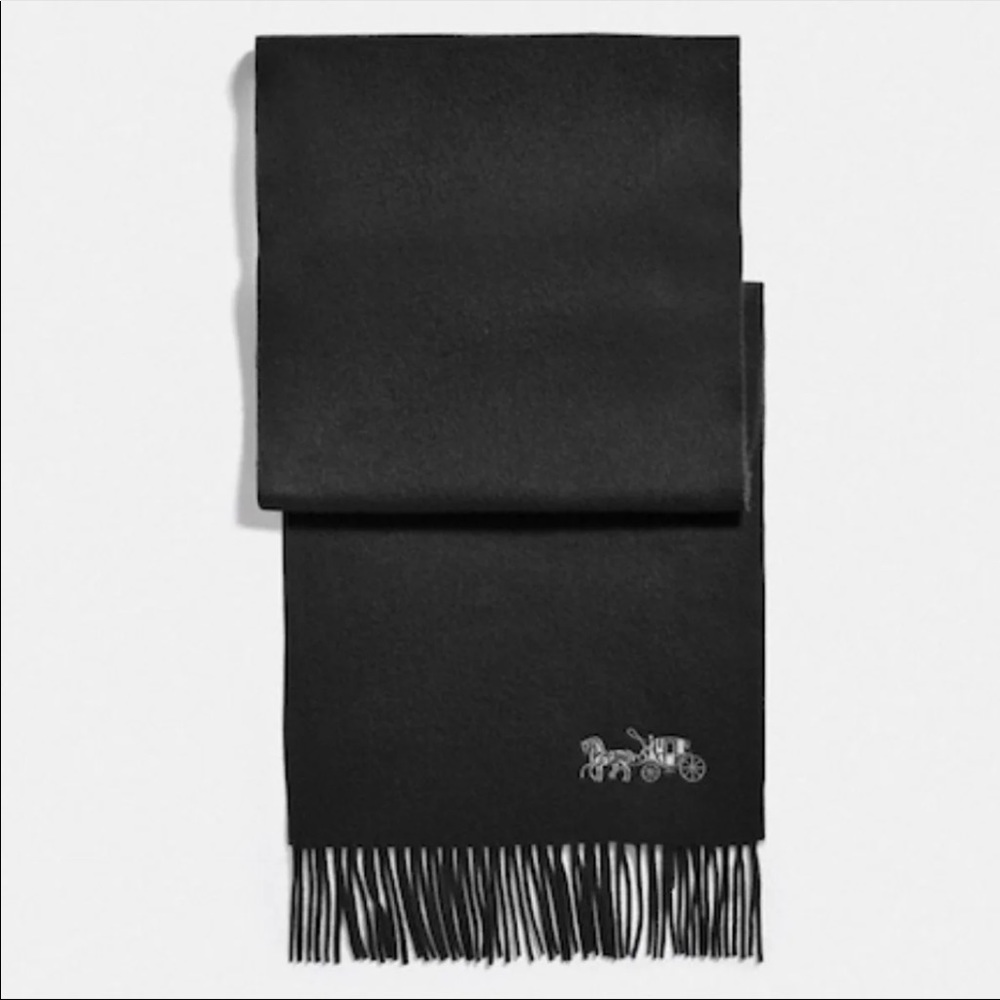 COACH Embroidered Horse And Carriage 100% Cashmere Muffler NWT BLACK/GOLD